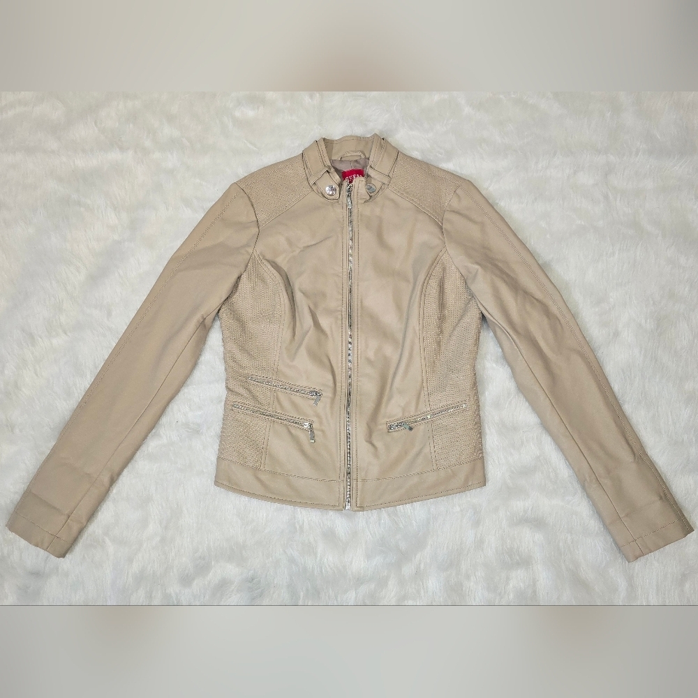 Guess Women's Tan Vegan Leather Moto Motorcycle Traveller Jacket